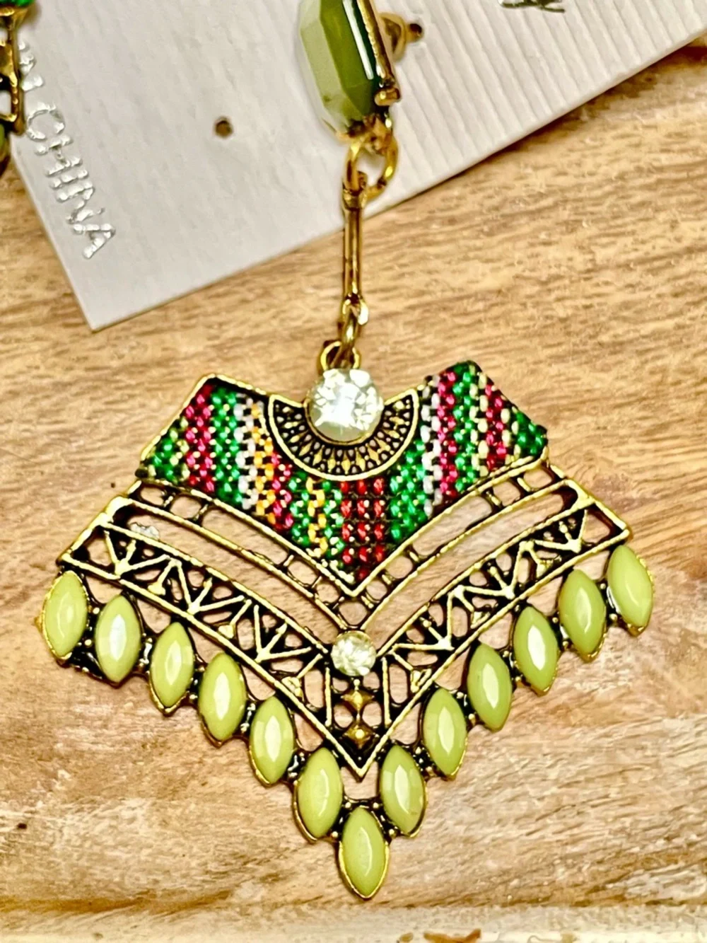 Boho Handmade Chartreuse Lime Green and Red Beaded Statement Drop Earrings
